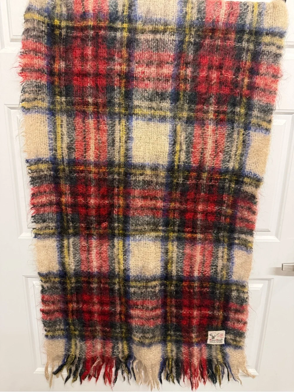 VTG Hand Acraft Scotland Mohair Wool Tartan Plaid Fringe Scarf Fuzzy